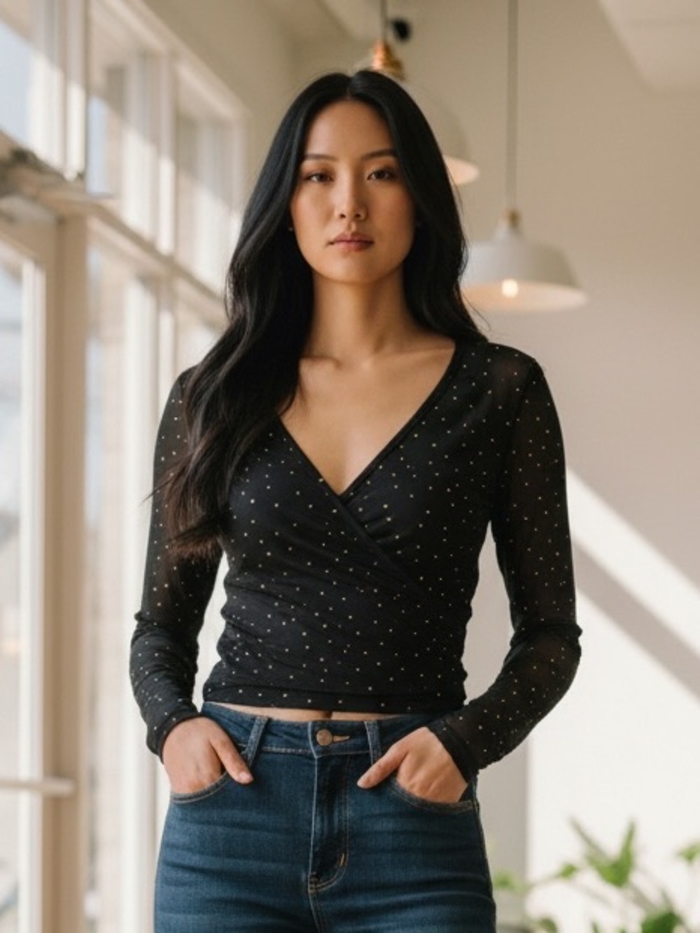 Knox Rose Black Long-Sleeve Wrap Top with Subtle Dot Detail